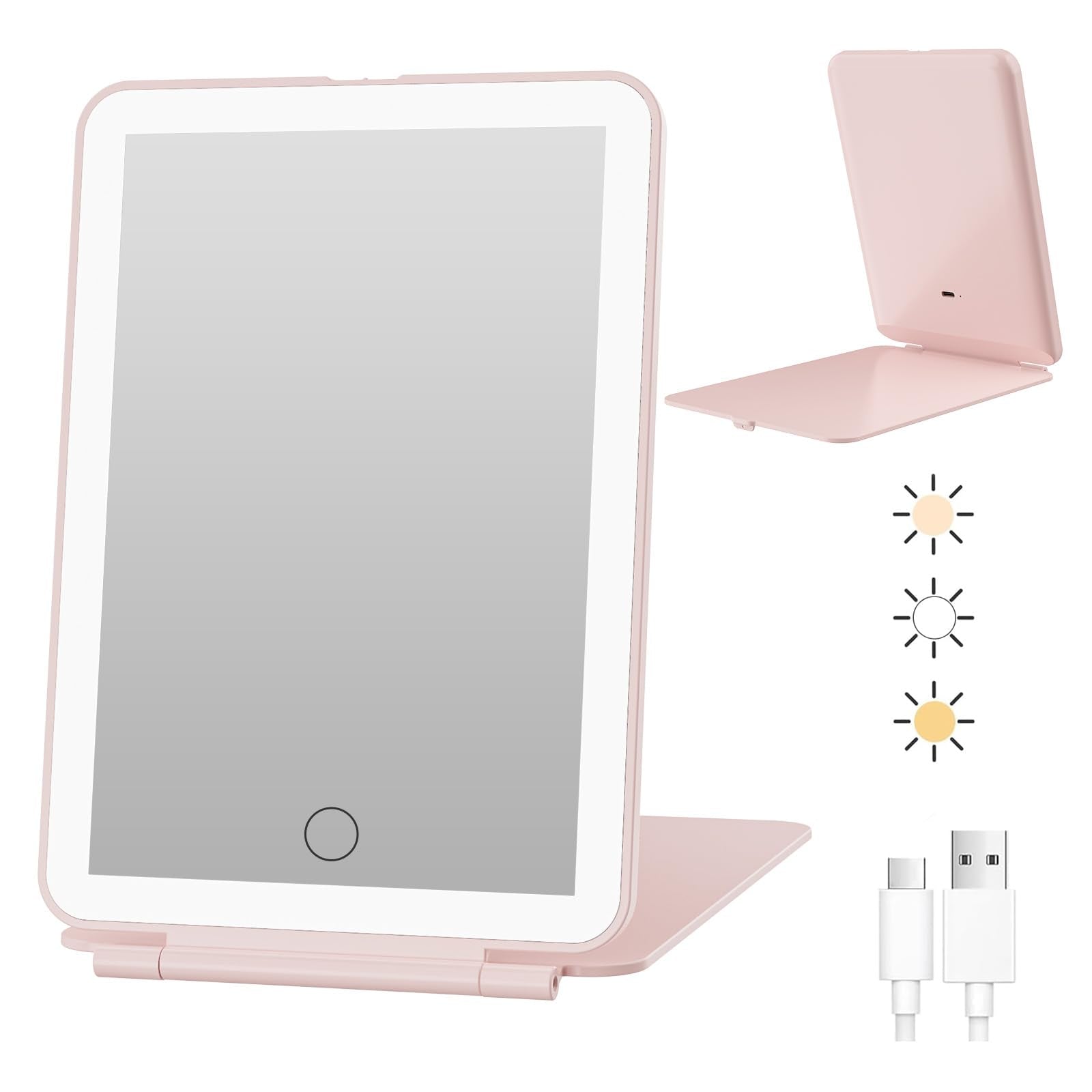 FUNTOUCH Rechargeable Travel Makeup Mirror with 72 Led Lights, Portable Lighted Beauty Mirror, 3 Color Lighting, Dimmable Touch Screen, Tabletop LED Folding Cosmetic Vanity Mirror