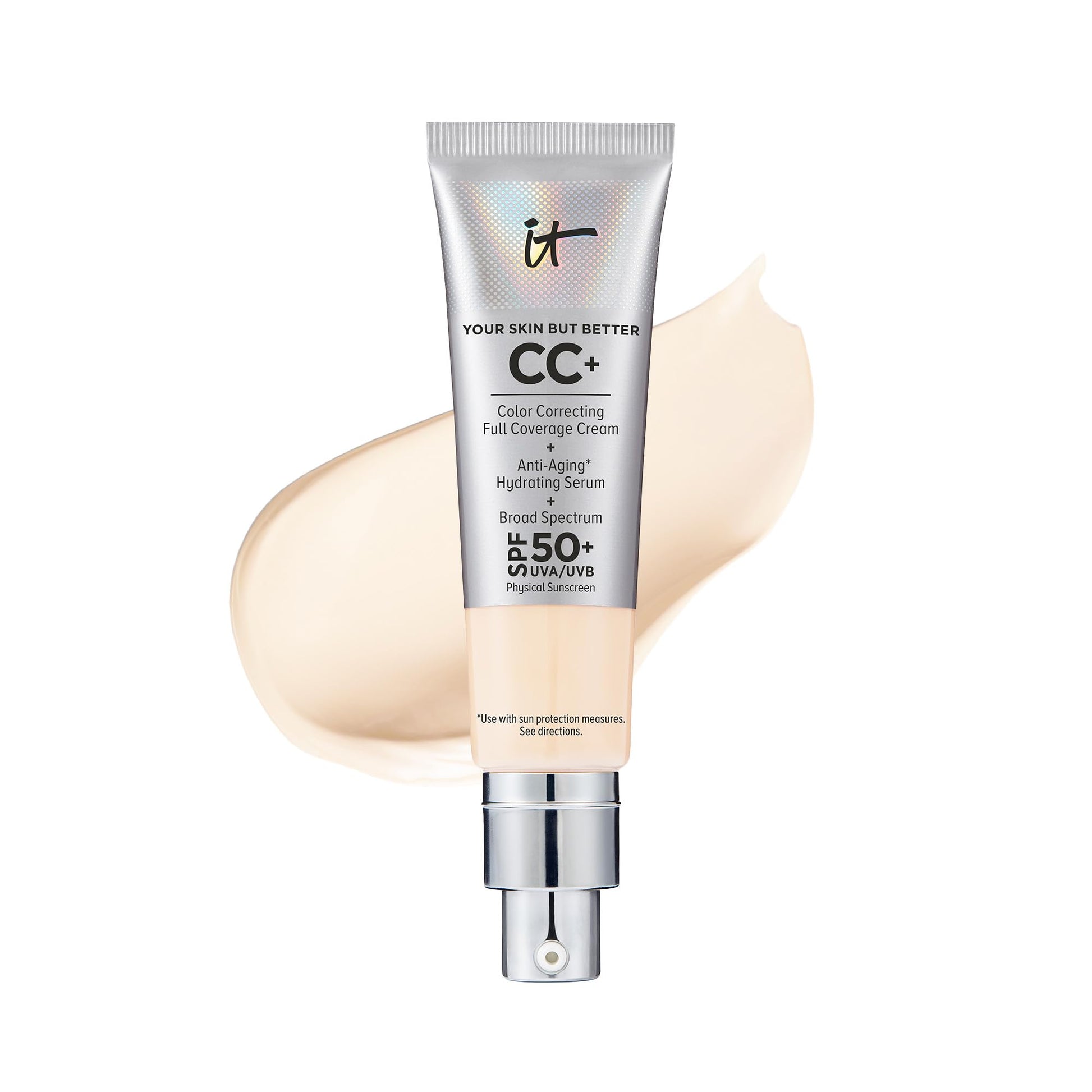 IT Cosmetics CC+ Cream - Full-Coverage Foundation With SPF 50, Color Corrector & Anti-Aging Serum, Formulated With Niacinamide & Hyaluronic Acid, Natural Finish, For All Skin Types, 1.08 fl oz