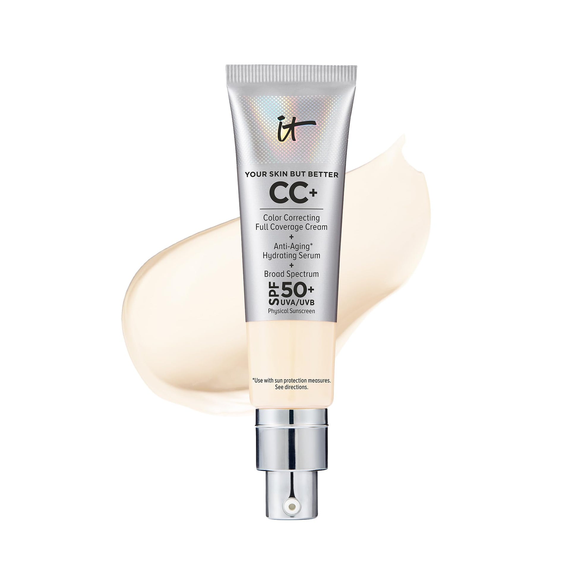 IT Cosmetics CC+ Cream - Full-Coverage Foundation With SPF 50, Color Corrector & Anti-Aging Serum, Formulated With Niacinamide & Hyaluronic Acid, Natural Finish, For All Skin Types, 1.08 fl oz