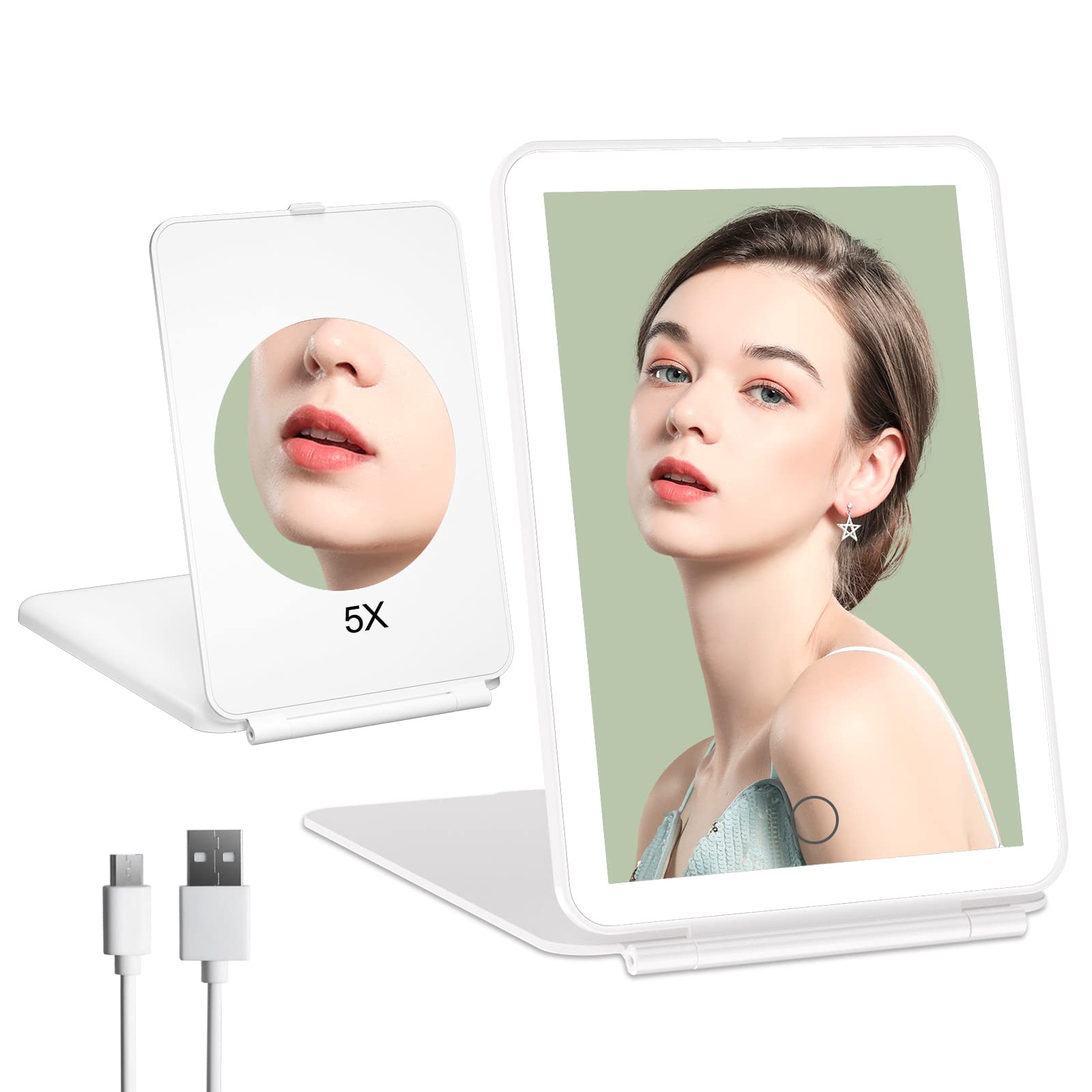 FUNTOUCH Rechargeable Travel Makeup Mirror with 72 Led Lights, Portable Lighted Beauty Mirror, 3 Color Lighting, Dimmable Touch Screen, Tabletop LED Folding Cosmetic Vanity Mirror
