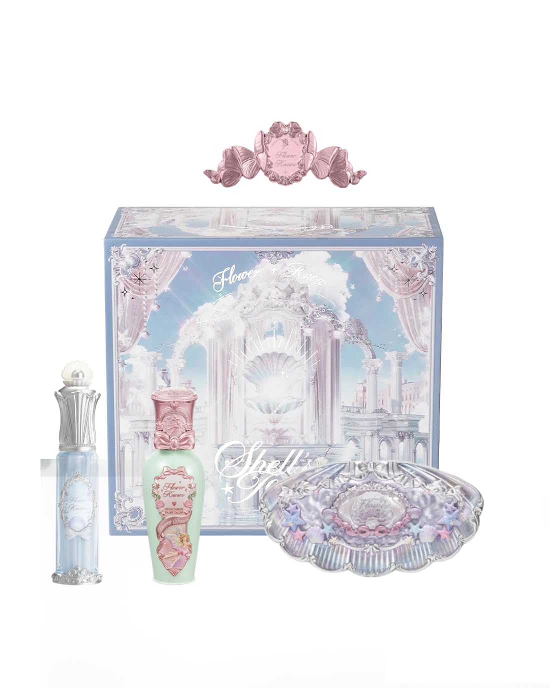Flower Knows Strawberry Cupid 12 Pack Makeup Gift Box Set,Lip Cream×2+Liquid Blush×2+Makeup Palette×1+Hand Mirror×1+Solid Perfume×1+Hair Clip×1+Cushion Powder Puff×2+Eyeshadow Brush×1+Gift Box×1