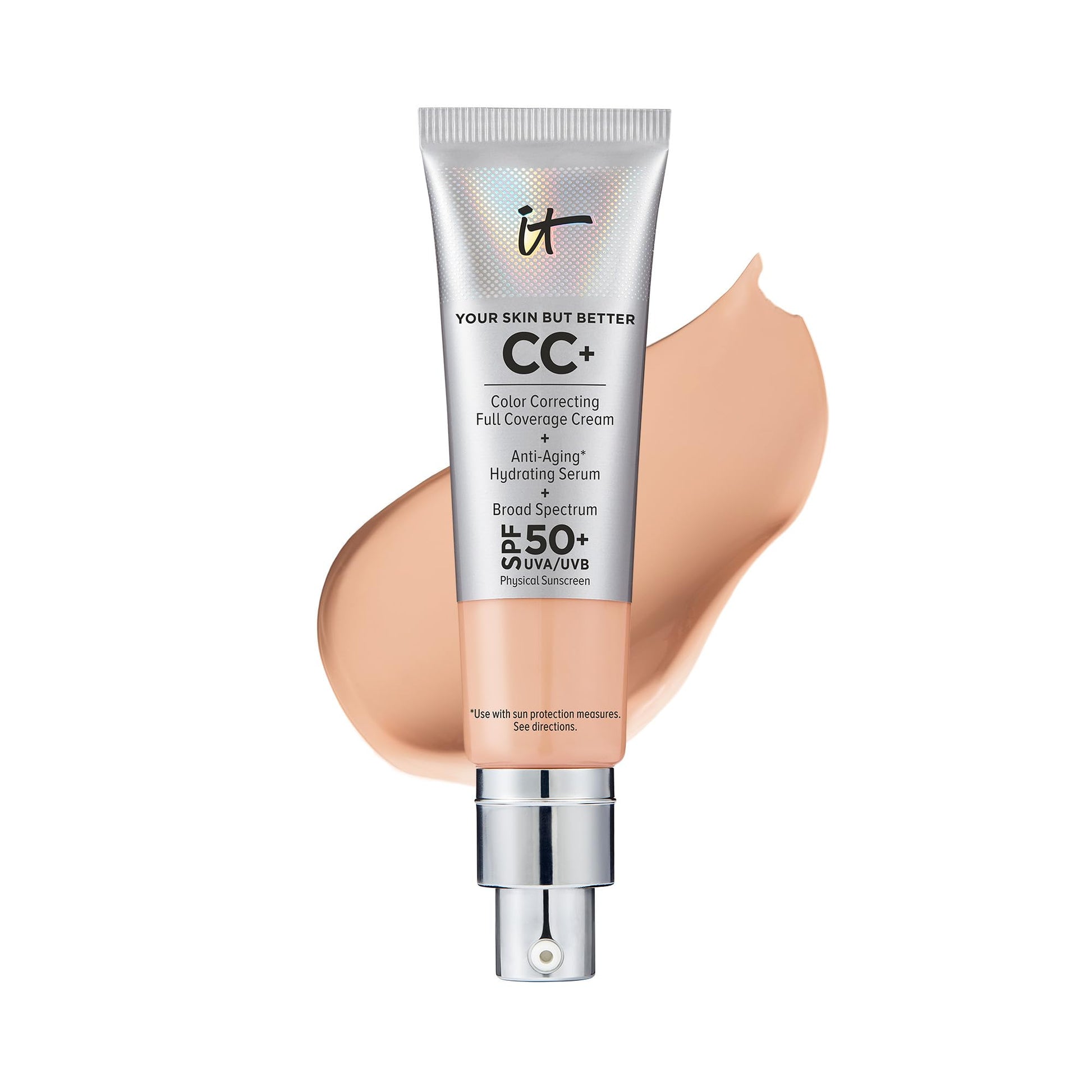 IT Cosmetics CC+ Cream - Full-Coverage Foundation With SPF 50, Color Corrector & Anti-Aging Serum, Formulated With Niacinamide & Hyaluronic Acid, Natural Finish, For All Skin Types, 1.08 fl oz