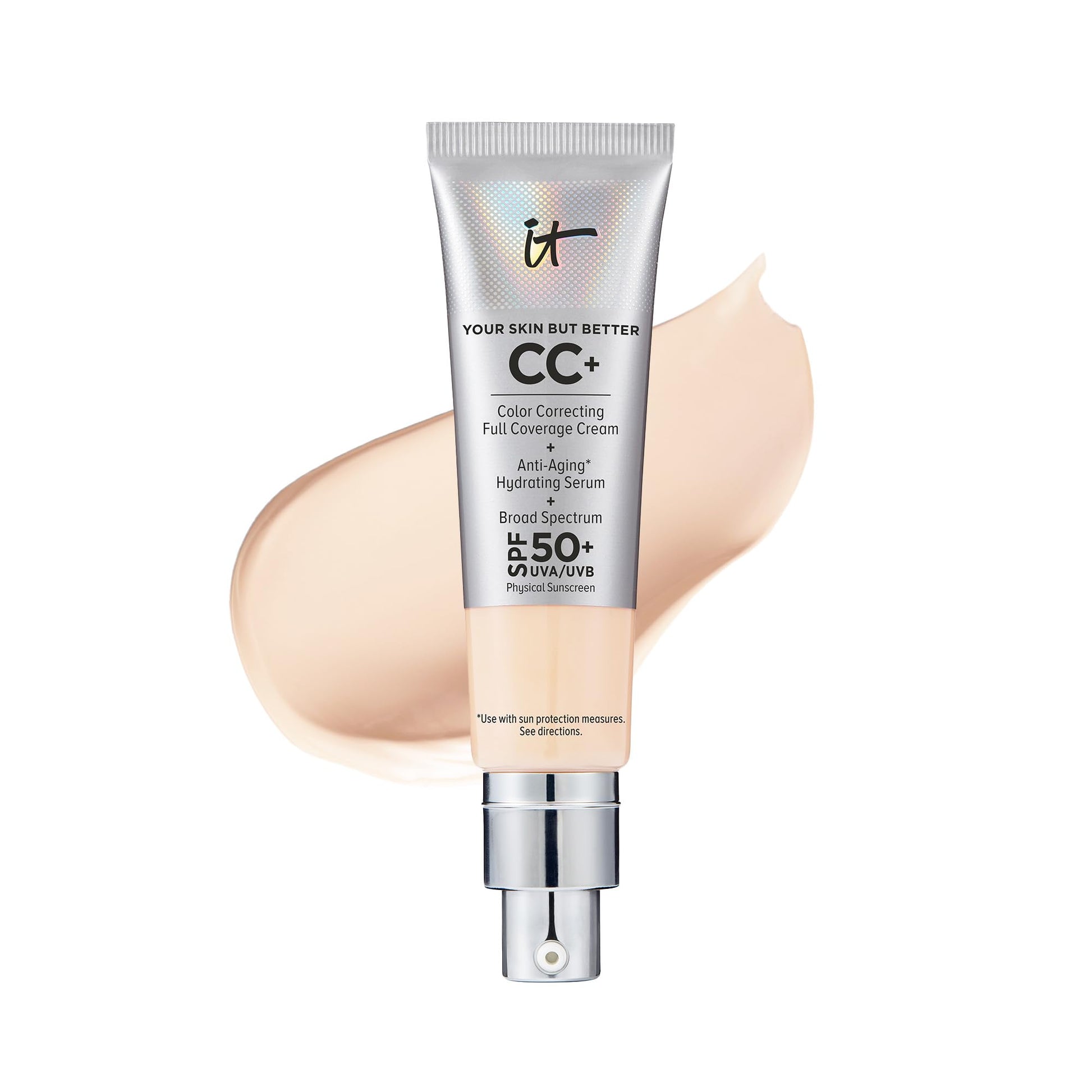 IT Cosmetics CC+ Cream - Full-Coverage Foundation With SPF 50, Color Corrector & Anti-Aging Serum, Formulated With Niacinamide & Hyaluronic Acid, Natural Finish, For All Skin Types, 1.08 fl oz