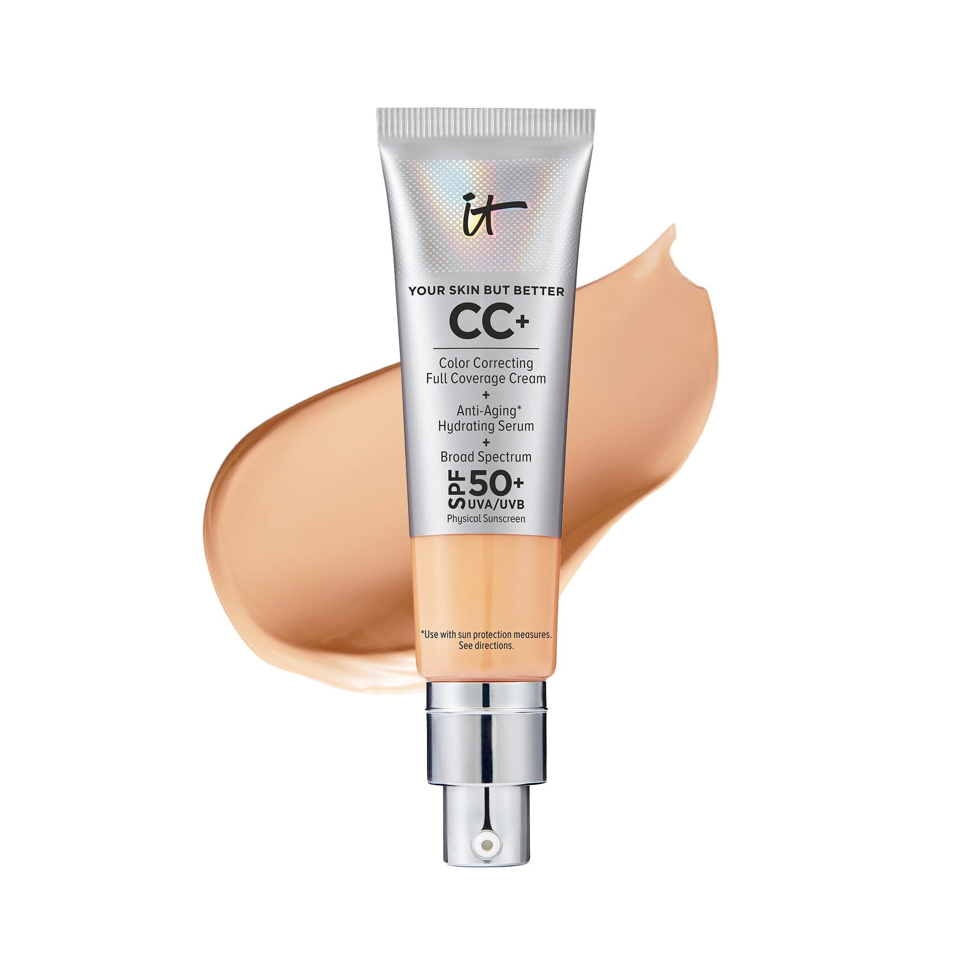 IT Cosmetics CC+ Cream - Full-Coverage Foundation With SPF 50, Color Corrector & Anti-Aging Serum, Formulated With Niacinamide & Hyaluronic Acid, Natural Finish, For All Skin Types, 1.08 fl oz