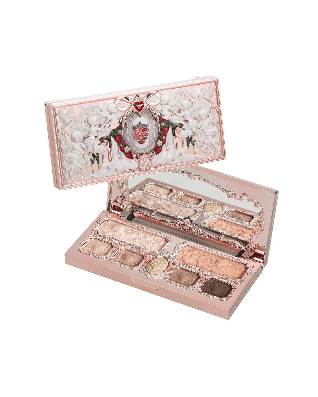 Flower Knows Strawberry Cupid Makeup Palette,Eyeshadow,Blush,Highlighting & Contour All-in-One Face Makeup Palette with 4 Matte+3 Shimmer Pink Shades(S02 Cupid's Mischief,0.49 Oz)