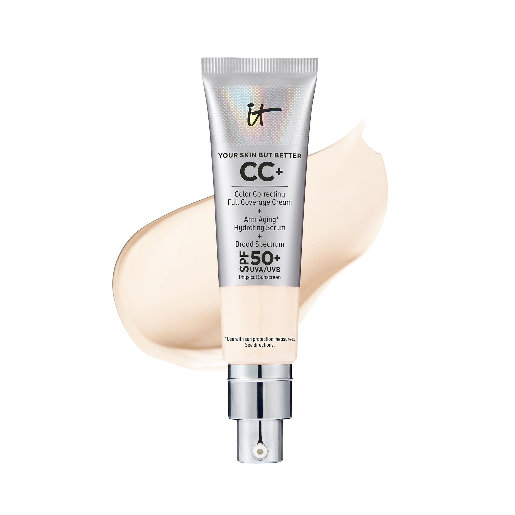 IT Cosmetics CC+ Cream - Full-Coverage Foundation With SPF 50, Color Corrector & Anti-Aging Serum, Formulated With Niacinamide & Hyaluronic Acid, Natural Finish, For All Skin Types, 1.08 fl oz