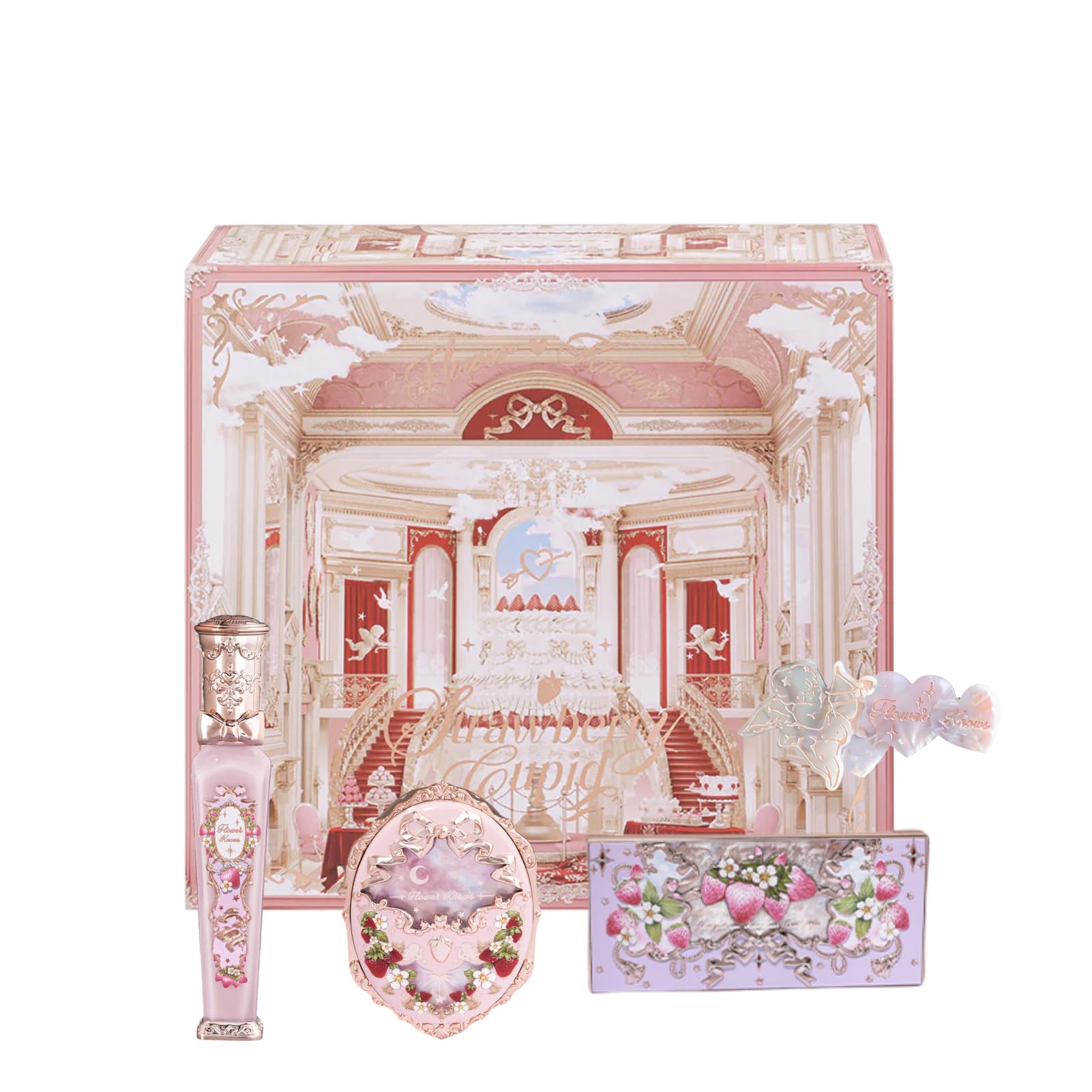 Flower Knows Strawberry Cupid 12 Pack Makeup Gift Box Set,Lip Cream×2+Liquid Blush×2+Makeup Palette×1+Hand Mirror×1+Solid Perfume×1+Hair Clip×1+Cushion Powder Puff×2+Eyeshadow Brush×1+Gift Box×1