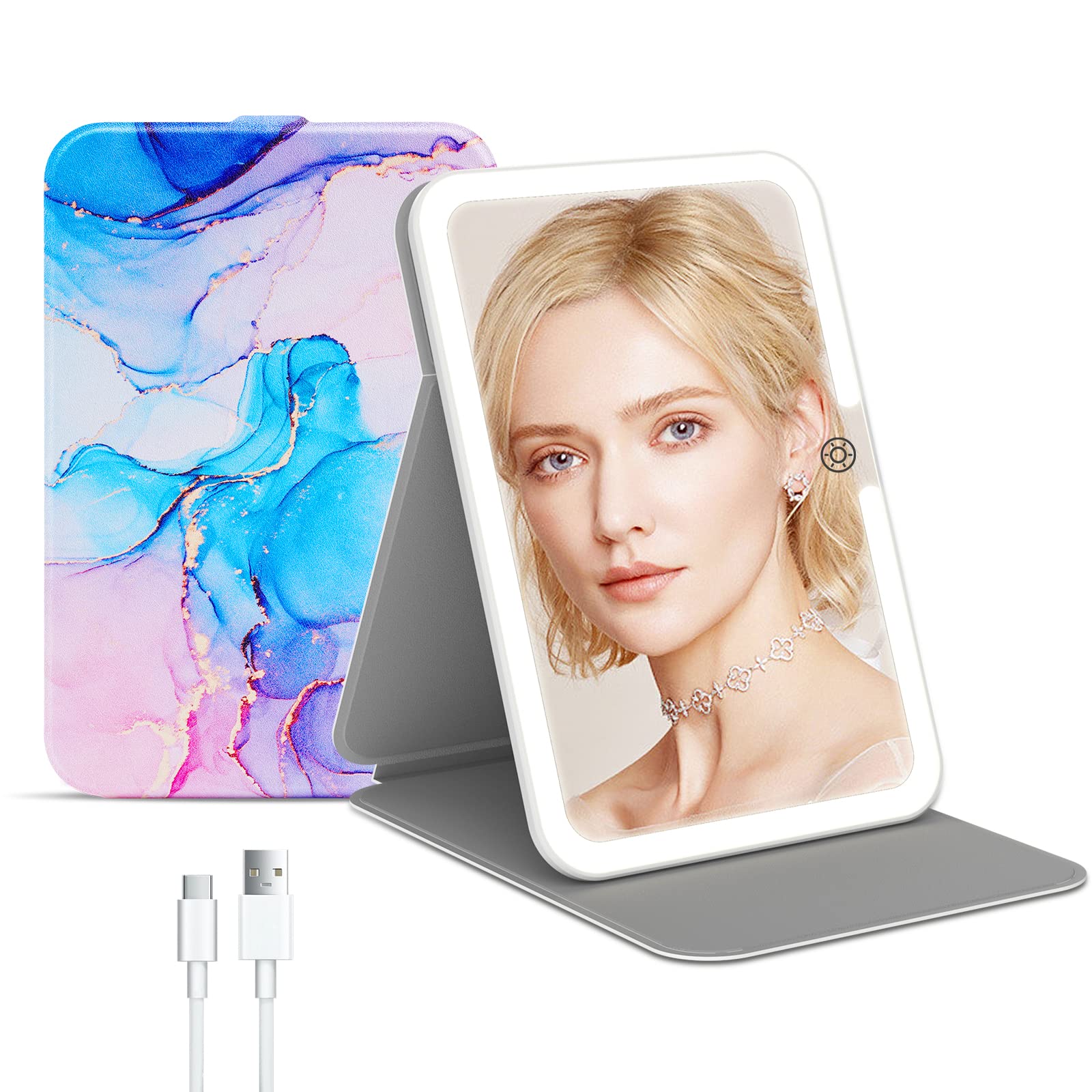FUNTOUCH Rechargeable Travel Makeup Mirror with 72 Led Lights, Portable Lighted Beauty Mirror, 3 Color Lighting, Dimmable Touch Screen, Tabletop LED Folding Cosmetic Vanity Mirror