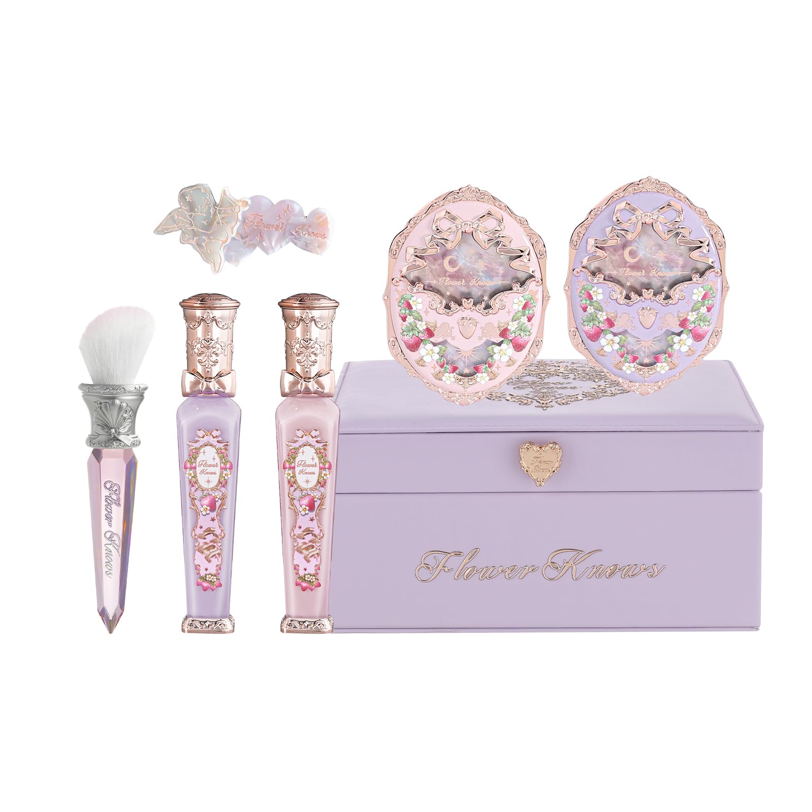 Flower Knows Strawberry Cupid 12 Pack Makeup Gift Box Set,Lip Cream×2+Liquid Blush×2+Makeup Palette×1+Hand Mirror×1+Solid Perfume×1+Hair Clip×1+Cushion Powder Puff×2+Eyeshadow Brush×1+Gift Box×1