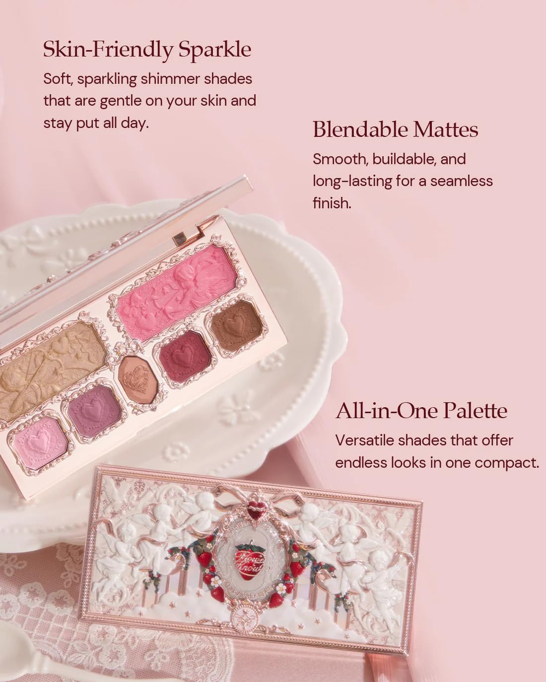 Flower Knows Strawberry Cupid Makeup Palette,Eyeshadow,Blush,Highlighting & Contour All-in-One Face Makeup Palette with 4 Matte+3 Shimmer Pink Shades(S02 Cupid's Mischief,0.49 Oz)