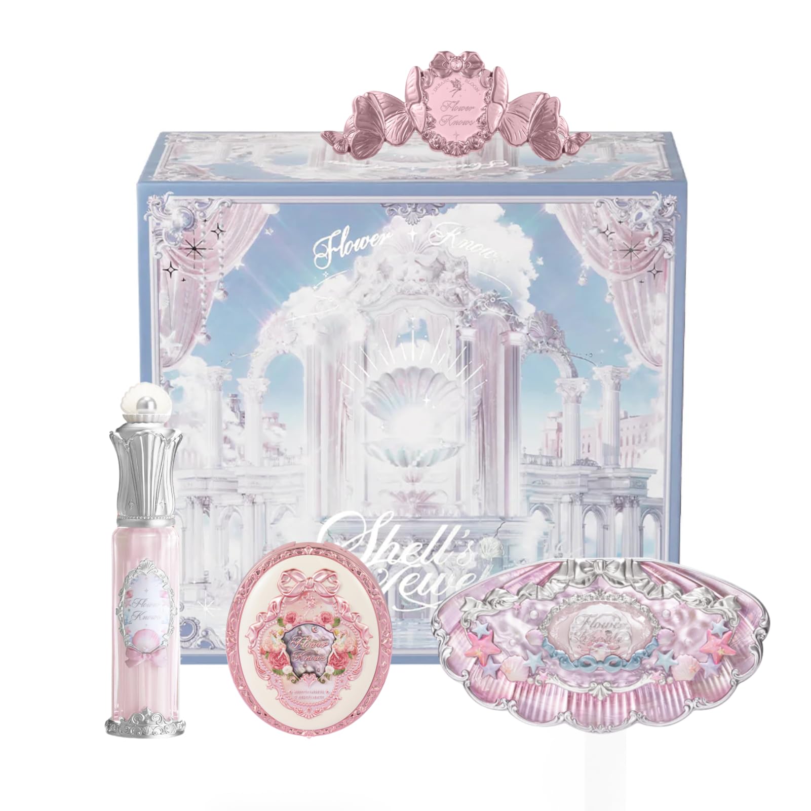 Flower Knows Strawberry Cupid 12 Pack Makeup Gift Box Set,Lip Cream×2+Liquid Blush×2+Makeup Palette×1+Hand Mirror×1+Solid Perfume×1+Hair Clip×1+Cushion Powder Puff×2+Eyeshadow Brush×1+Gift Box×1
