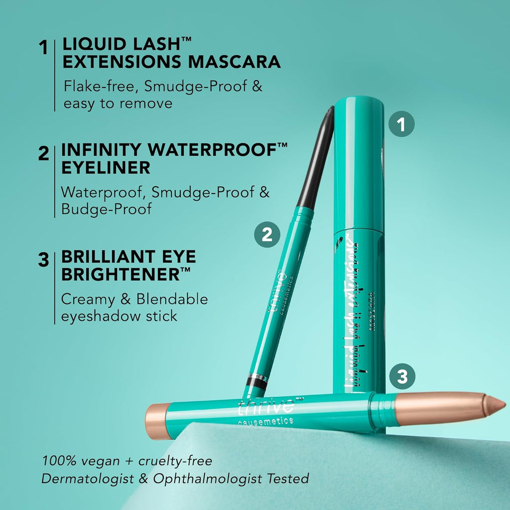 Thrive Causemetics Award-Winning Trio Makeup Kit, Liquid Lash Extensions Mascara (Brynn), Brilliant Eye Brightener Highlighter Stick (Stella), Infinity Waterproof Eyeliner (Lauren), & Makeup Bag