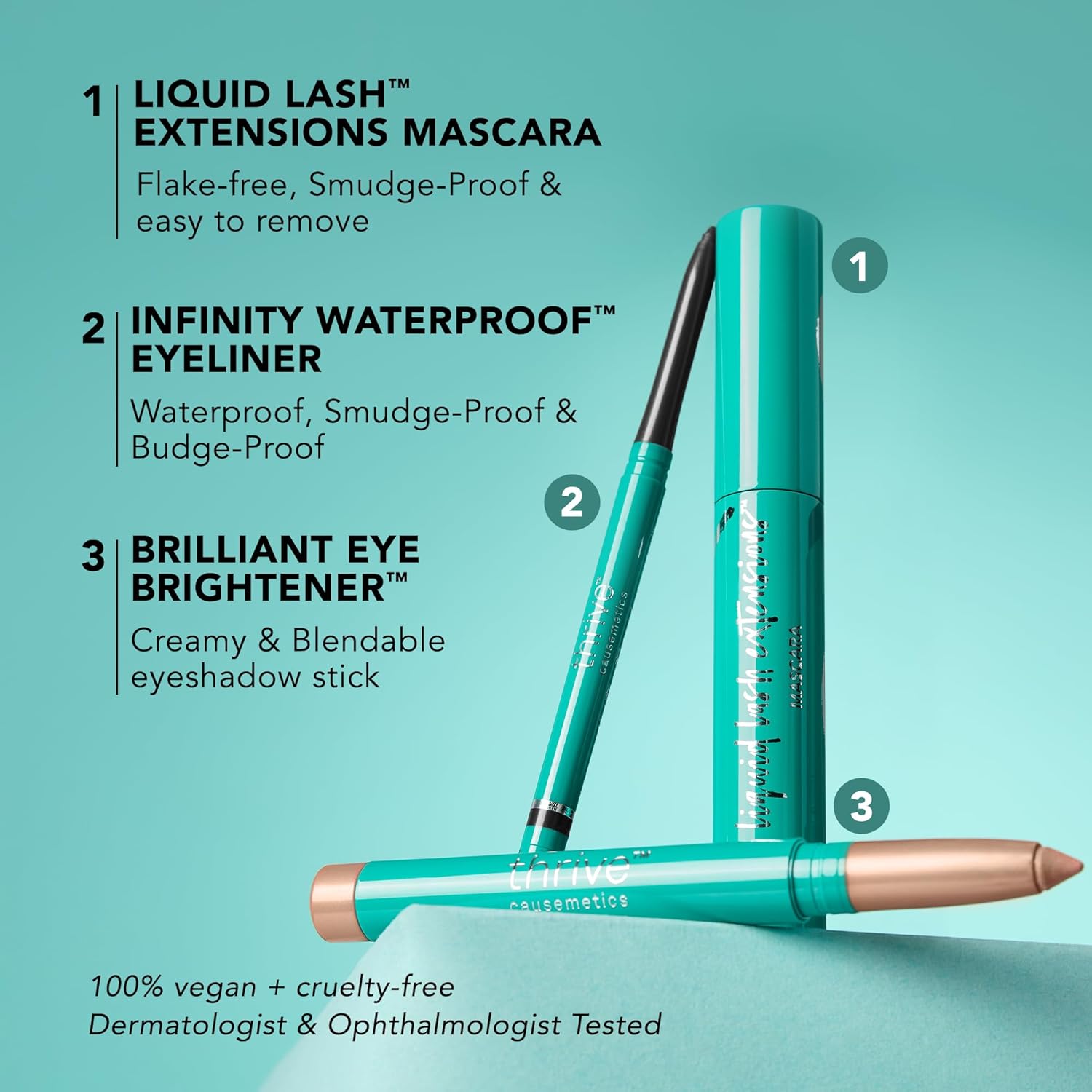 Thrive Causemetics Award-Winning Trio Makeup Kit, Liquid Lash Extensions Mascara (Brynn), Brilliant Eye Brightener Highlighter Stick (Stella), Infinity Waterproof Eyeliner (Lauren), & Makeup Bag