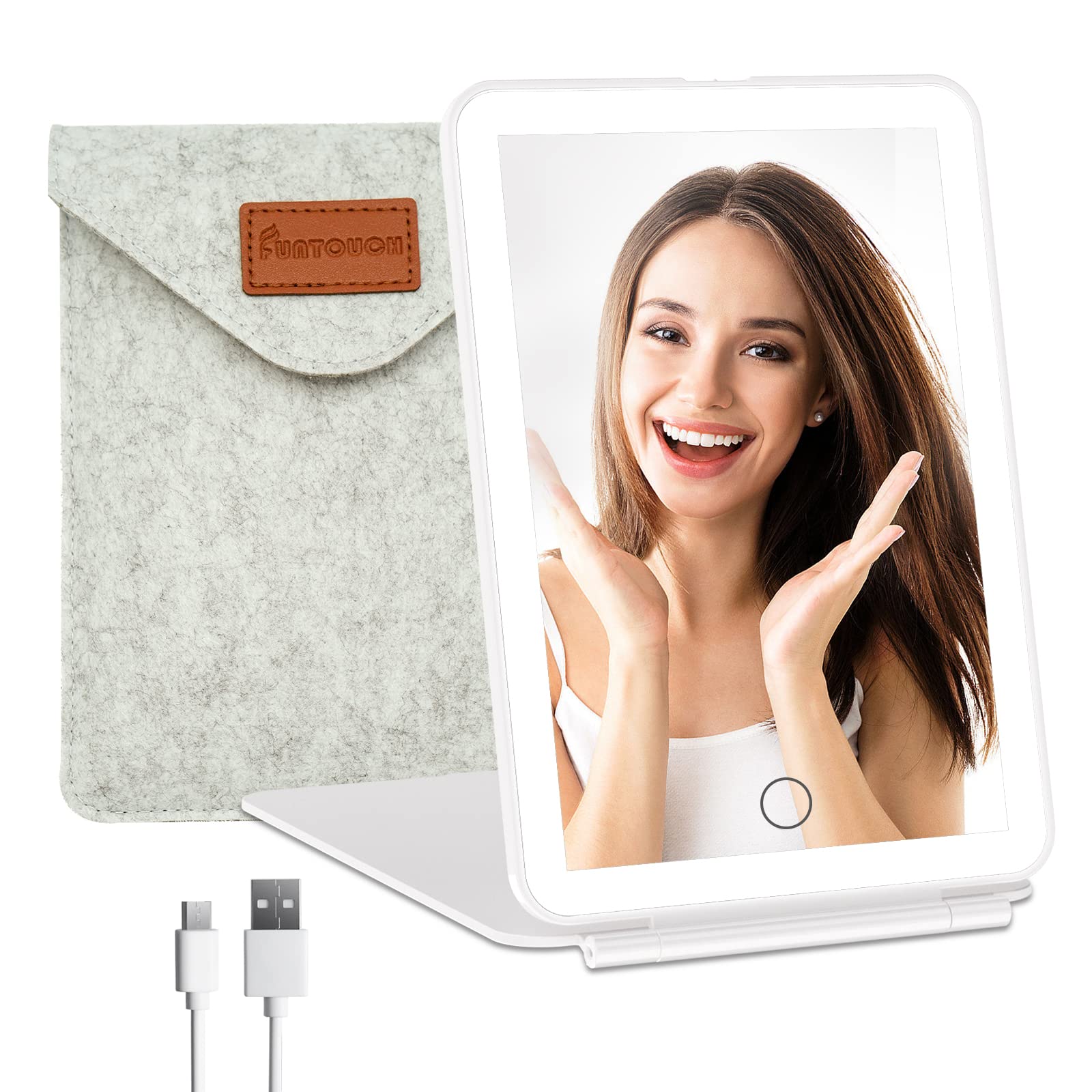 FUNTOUCH Rechargeable Travel Makeup Mirror with 72 Led Lights, Portable Lighted Beauty Mirror, 3 Color Lighting, Dimmable Touch Screen, Tabletop LED Folding Cosmetic Vanity Mirror