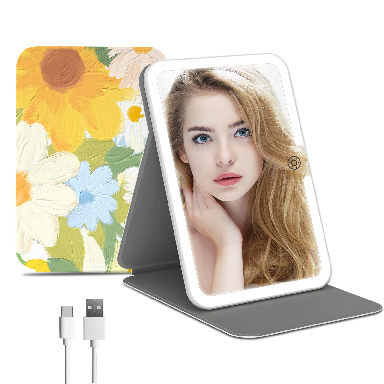 FUNTOUCH Rechargeable Travel Makeup Mirror with 72 Led Lights, Portable Lighted Beauty Mirror, 3 Color Lighting, Dimmable Touch Screen, Tabletop LED Folding Cosmetic Vanity Mirror