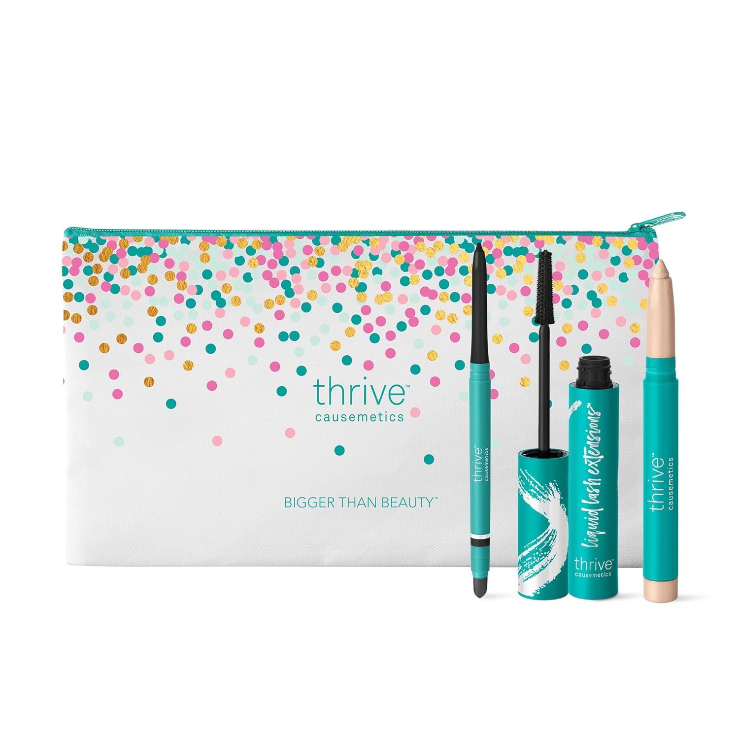 Thrive Causemetics Award-Winning Trio Makeup Kit, Liquid Lash Extensions Mascara (Brynn), Brilliant Eye Brightener Highlighter Stick (Stella), Infinity Waterproof Eyeliner (Lauren), & Makeup Bag