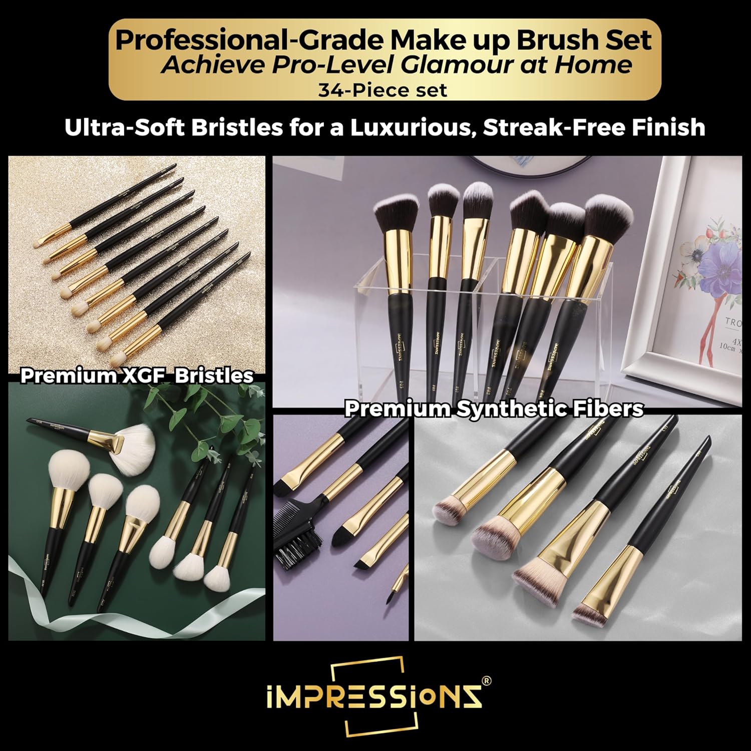 ImpressionZ 34Pcs Luxury Makeup Brush Set with Travel Bag – Cruelty-Free Synthetic & XGF Bristles for Foundation, Blending, Powder, Concealer, Eyeshadow & Blush | Professional Bliss Gift Set