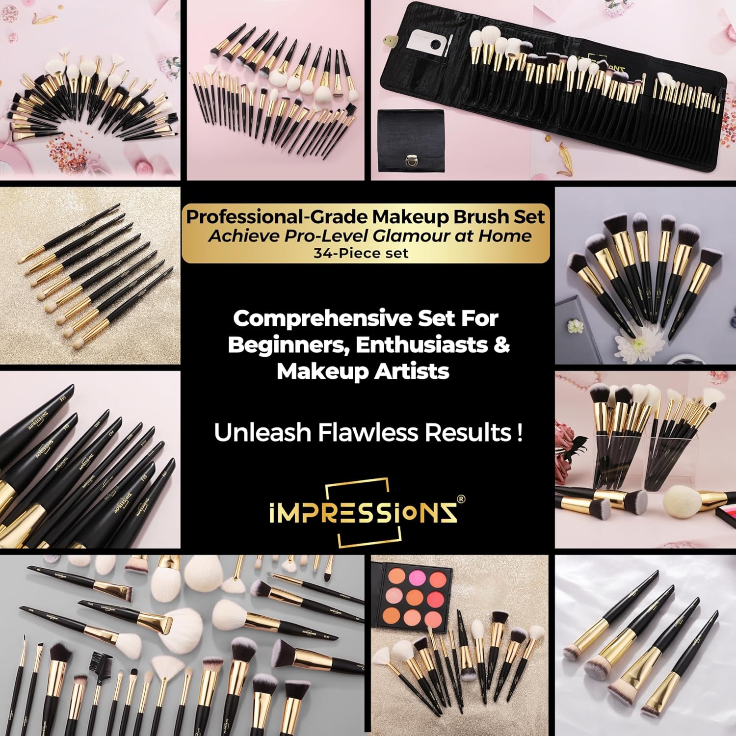 ImpressionZ 34Pcs Luxury Makeup Brush Set with Travel Bag – Cruelty-Free Synthetic & XGF Bristles for Foundation, Blending, Powder, Concealer, Eyeshadow & Blush | Professional Bliss Gift Set